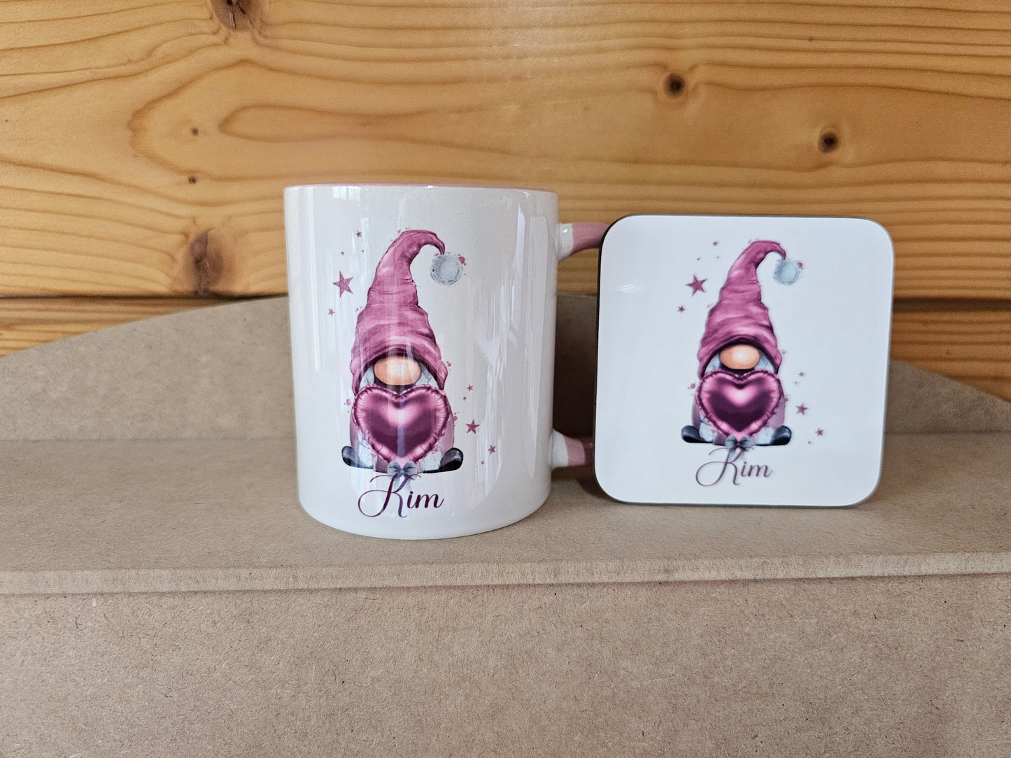 Pink Gonk Mug, Personalised Gonk Mug, Birthday Gift For Her, Valentines Gnome Mug, Personalised Mug And Coaster Gift, Custom Coaster, Pink