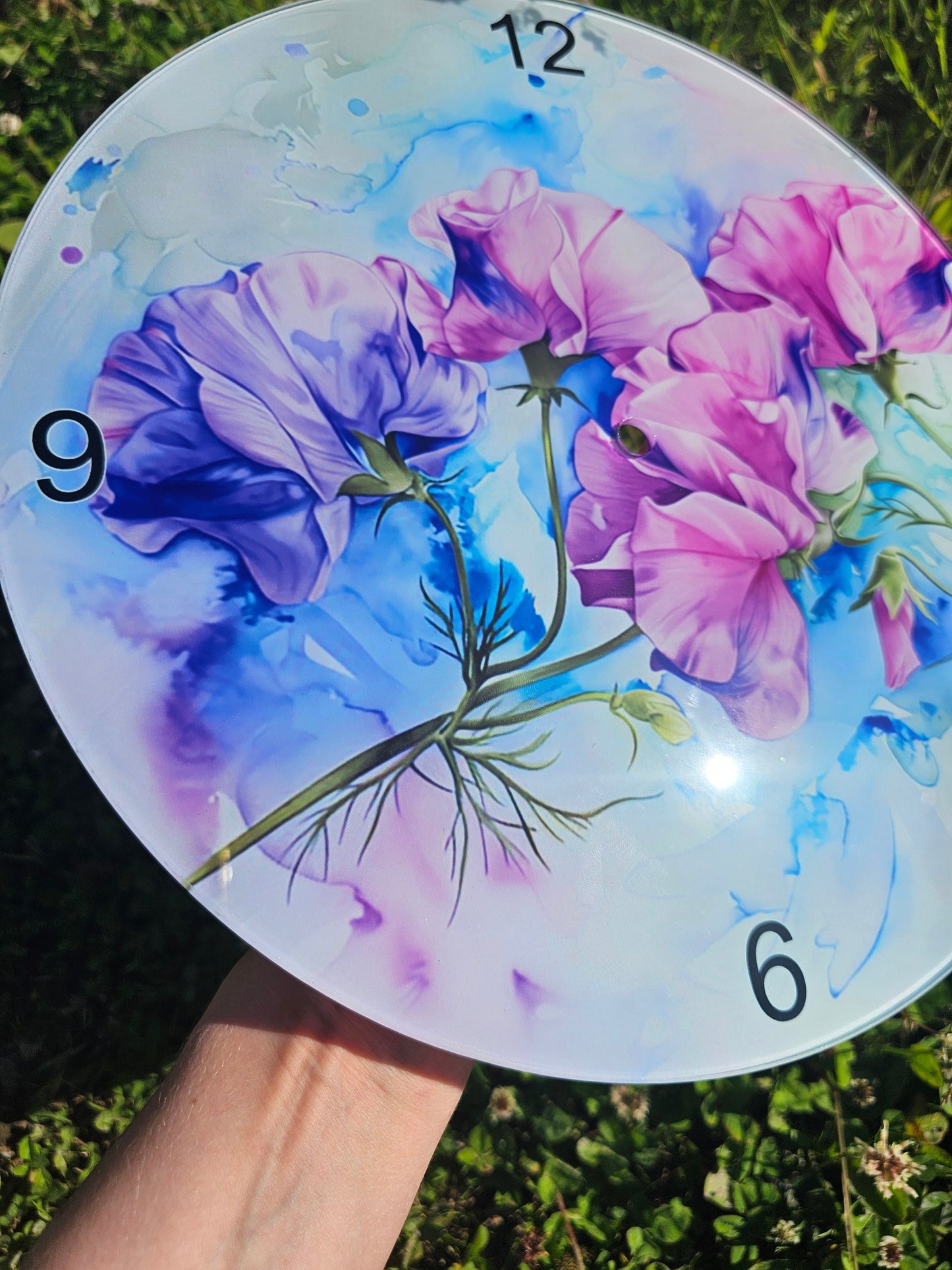 Sweet Pea Glass Clock, Flower Wall Clock, Pink Purple Sweetpea Gifts