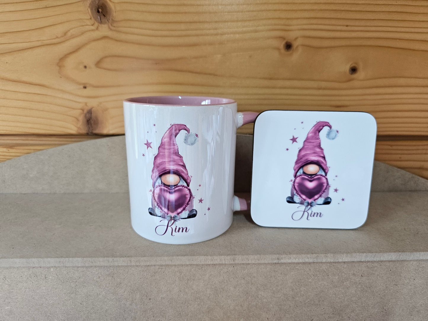 Pink Gonk Mug, Personalised Gonk Mug, Birthday Gift For Her, Valentines Gnome Mug, Personalised Mug And Coaster Gift, Custom Coaster, Pink