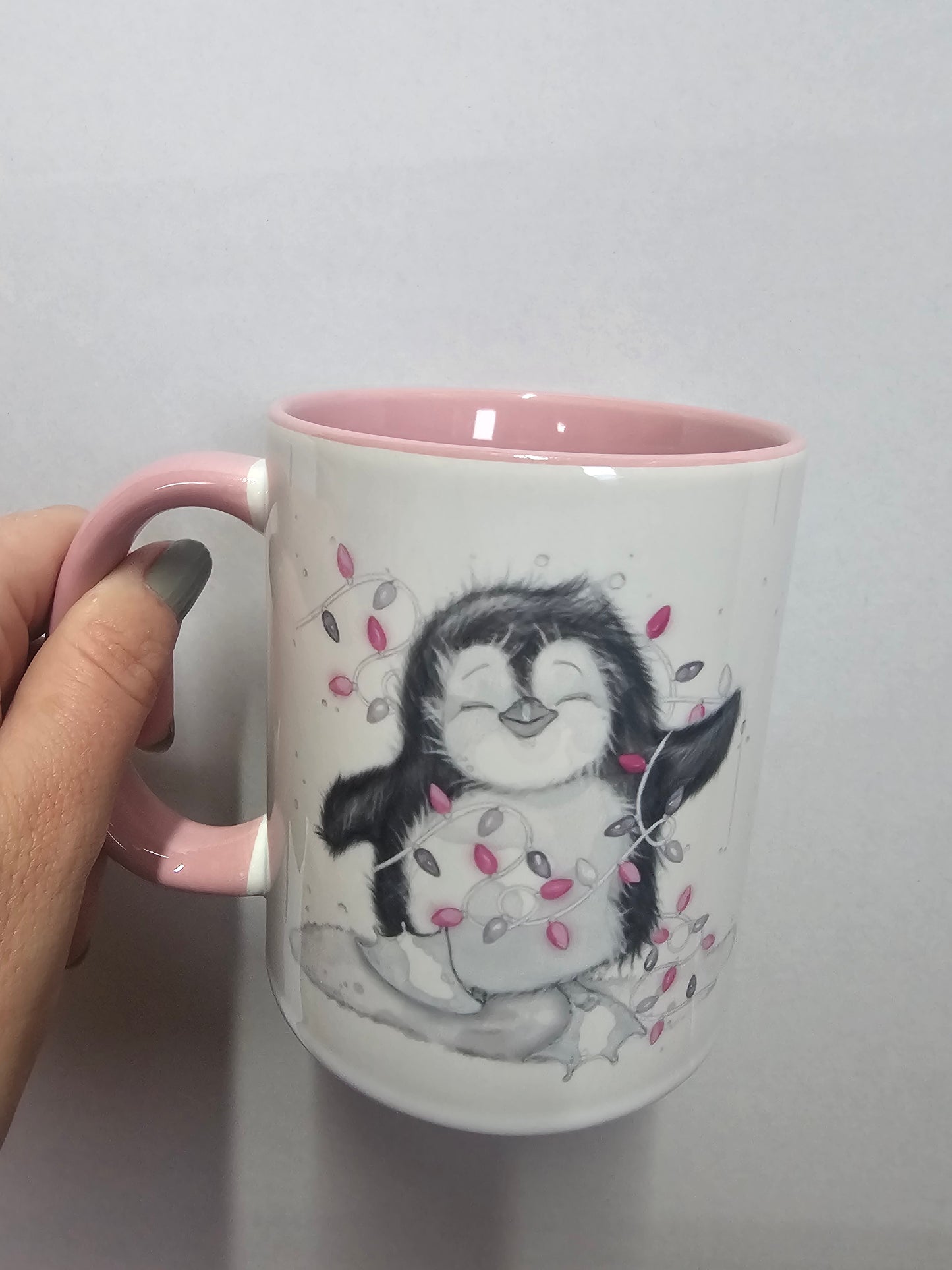 Personalised Christmas Pink Penguin Mug, Sketch Penguin With Xmas Lights, Christmas Hot Choc Mug